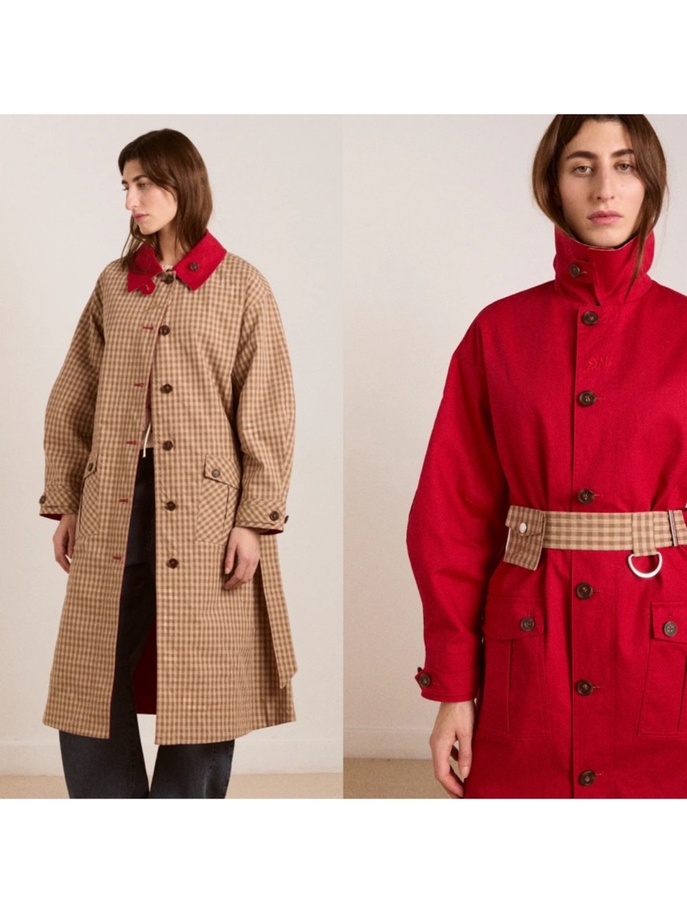 Damson Madder Reversible Red and Tan Check Women's Trench Coat oversized